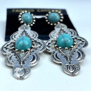 Western Silver-Tone Dangle Earrings With Turquoise-Style Stones Intricate Etched